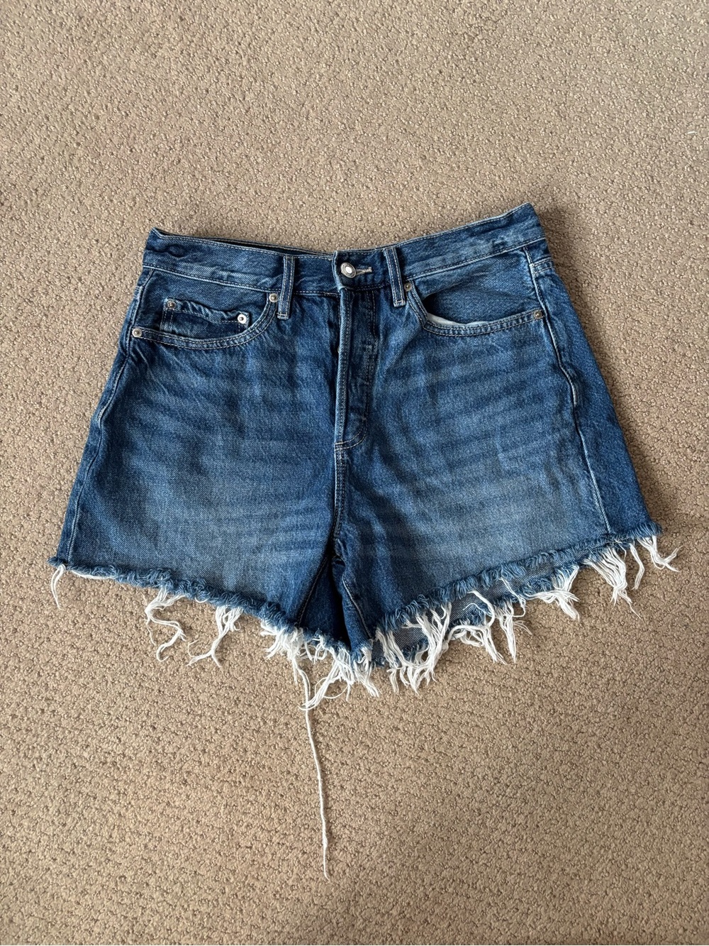 Dynamite Mid-Blue Distressed Hem Denim Shorts